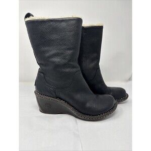 UGG Womens Size 8 Hartley Black Leather Shearling Mid Calf Wedge Boots 1001891